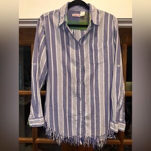 Euc Tizzie Size Large Blue and White Striped Fringe Shirt Tunic Dress